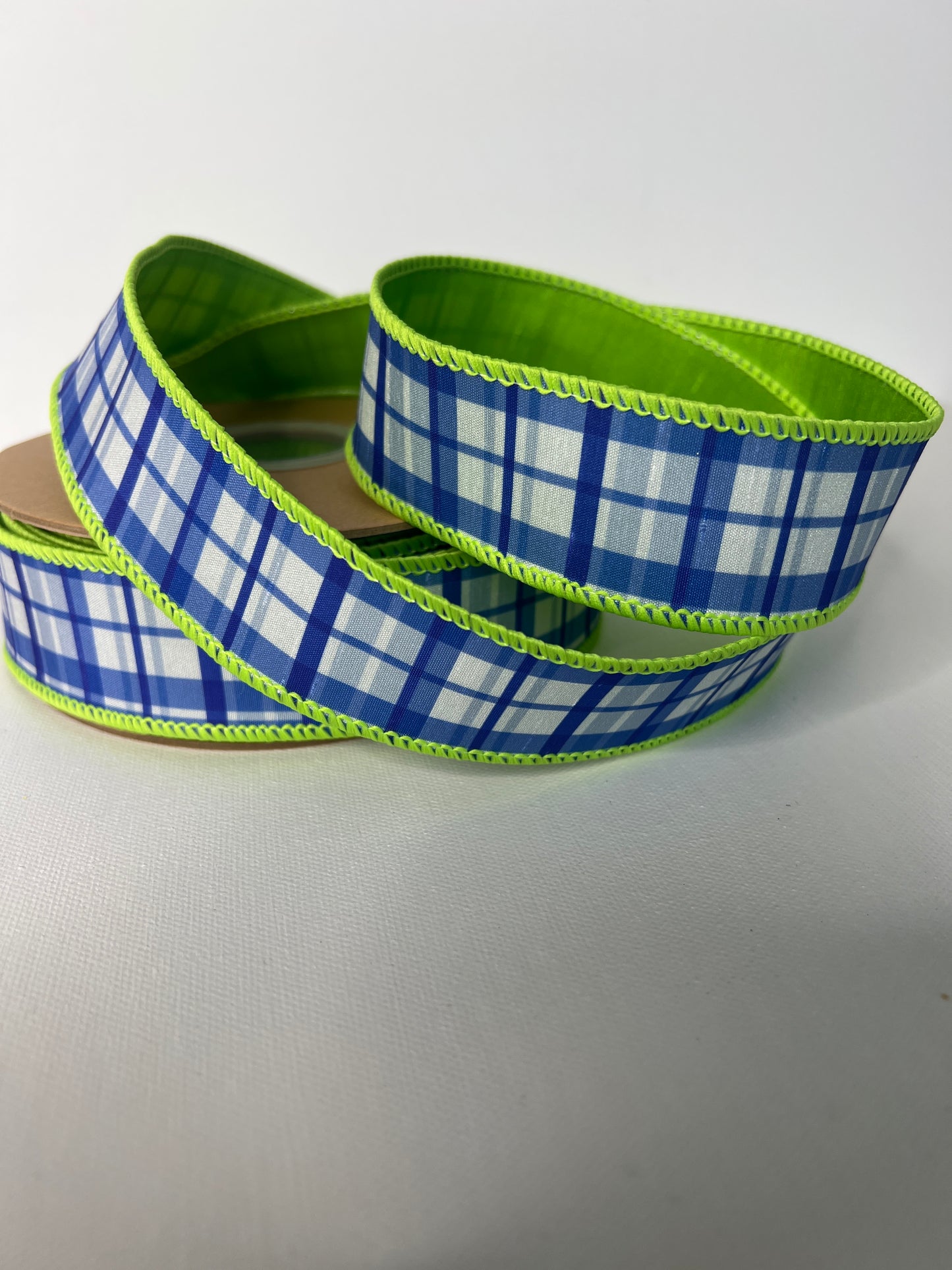 1 1/2" Blue/White With Lime Green Edge Ribbon